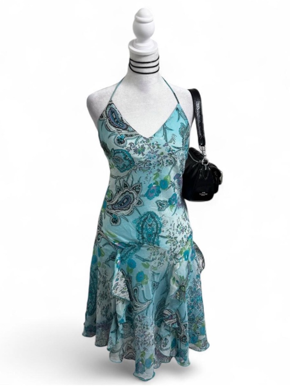 Aqua Paisley Halter Asymmetrical Slip Dress